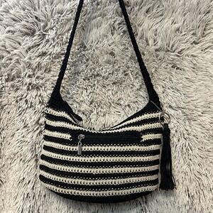 THE SAK Crochet Woven Black Beige Striped Hobo Bohemian Shoulder Bag Tassel‎